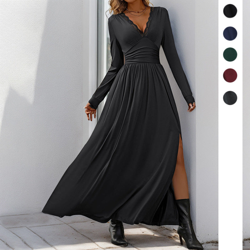 Damen Maxikleid mit V-Ausschnitt und Spitzenbesatz, tailliertem Wickeloberteil, langen Ärmeln und hohem Beinschlitz Shop Nory