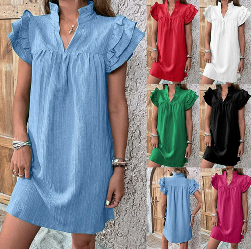 Damen Crinkle-Minikleid mit Stehkragen, V-Ausschnitt und Volantärmeln Shop Nory
