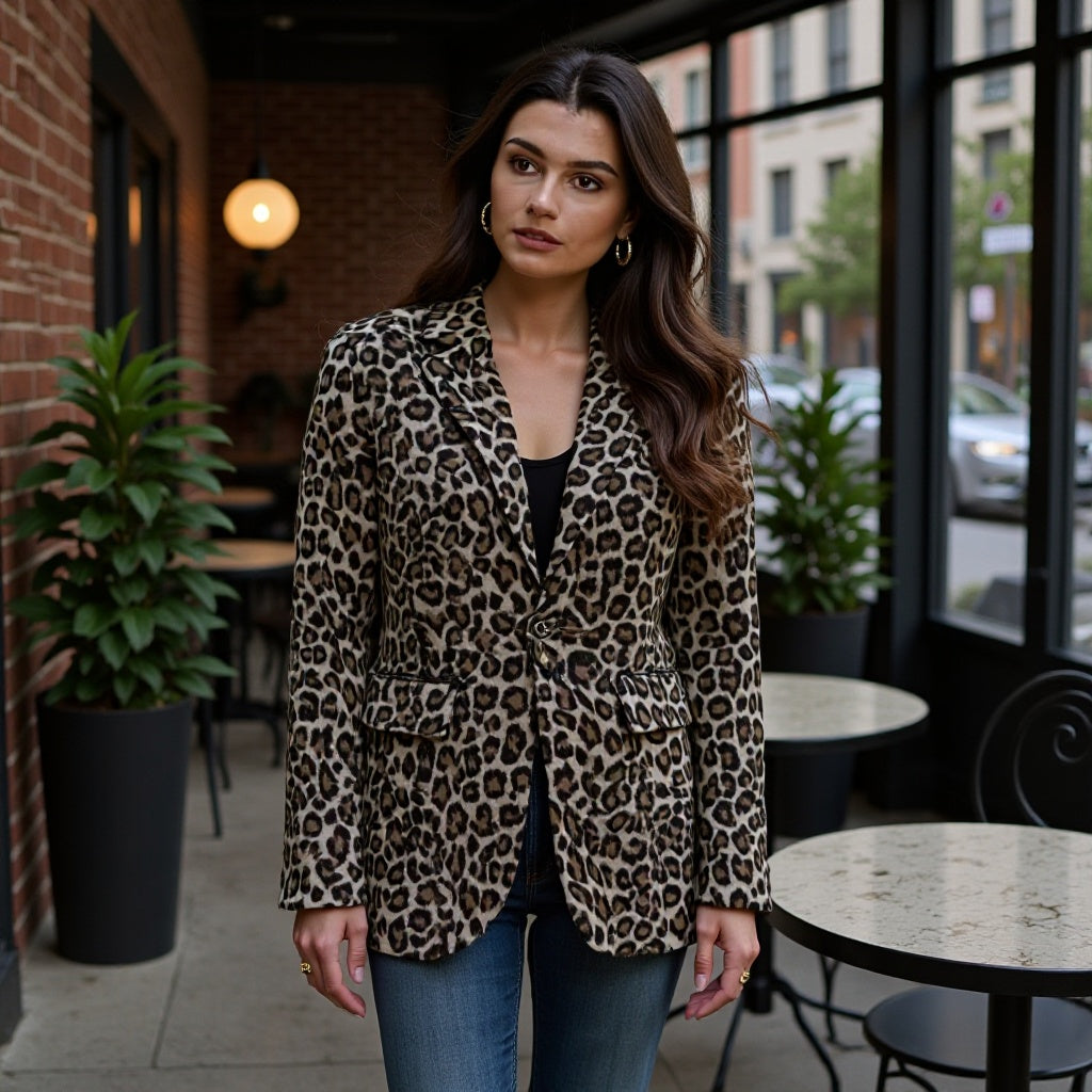 Damen Leopardenprint Bouclé-Blazer mit Reverskragen und aufgesetzten Pattentaschen Shop Nory