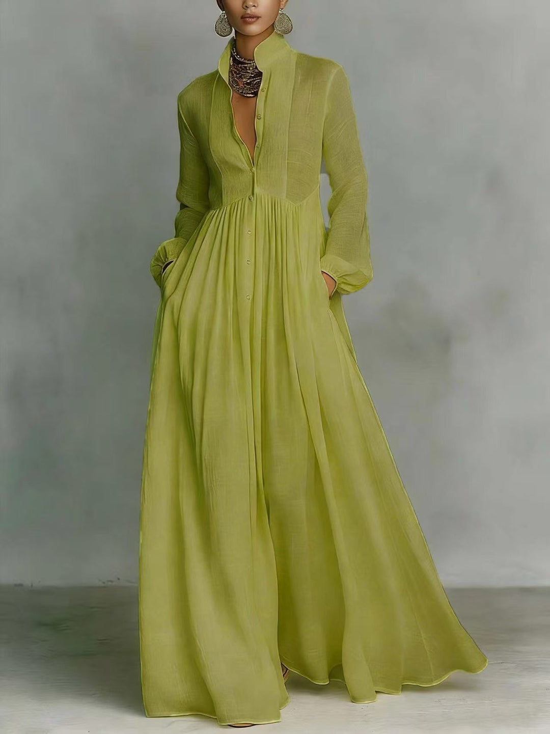 Damen Maxikleid mit Stehkragen, Knopfleiste und seitlichen Taschen Shop Nory