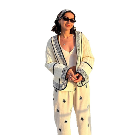 Damen Gestepptes Kimono-Cardigan mit geometrischer Stickbordüre Shop Nory