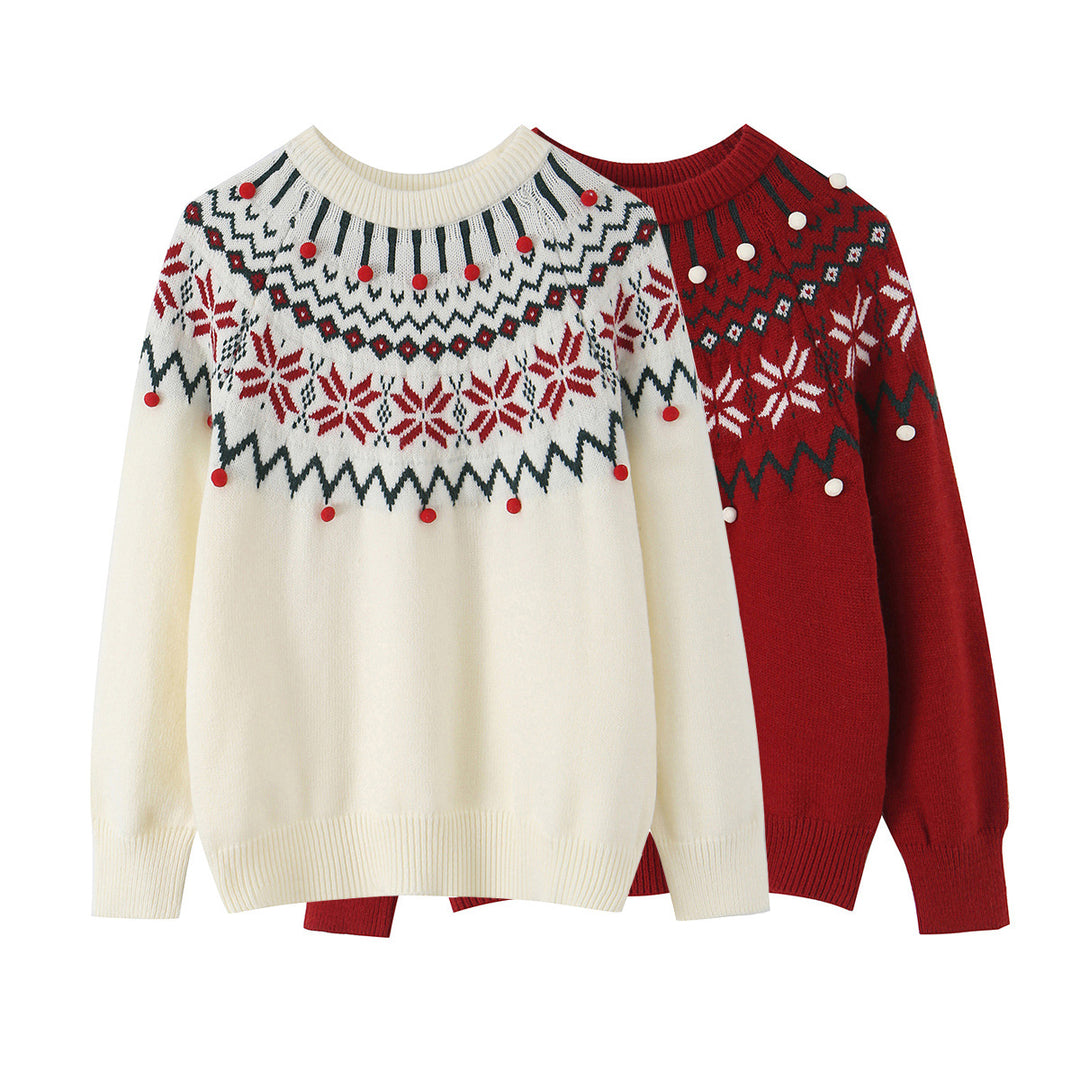 Damen Norwegermuster-Strickpullover mit Rundhalsausschnitt und dreidimensionalen Pompons Shop Nory
