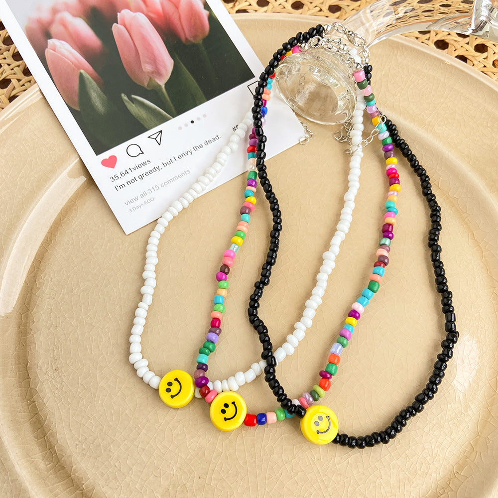 Damen Halskette mit bunten Perlen und Smiley-Anhänger Shop Nory