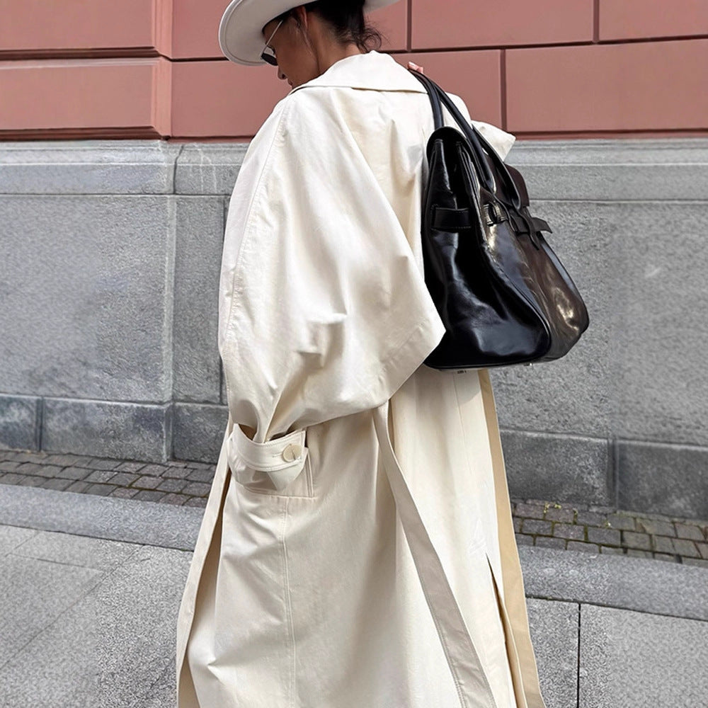 Damen Maxilanger taillierter Trenchcoat aus leichter Baumwollmischung mit Bindegürtel Shop Nory