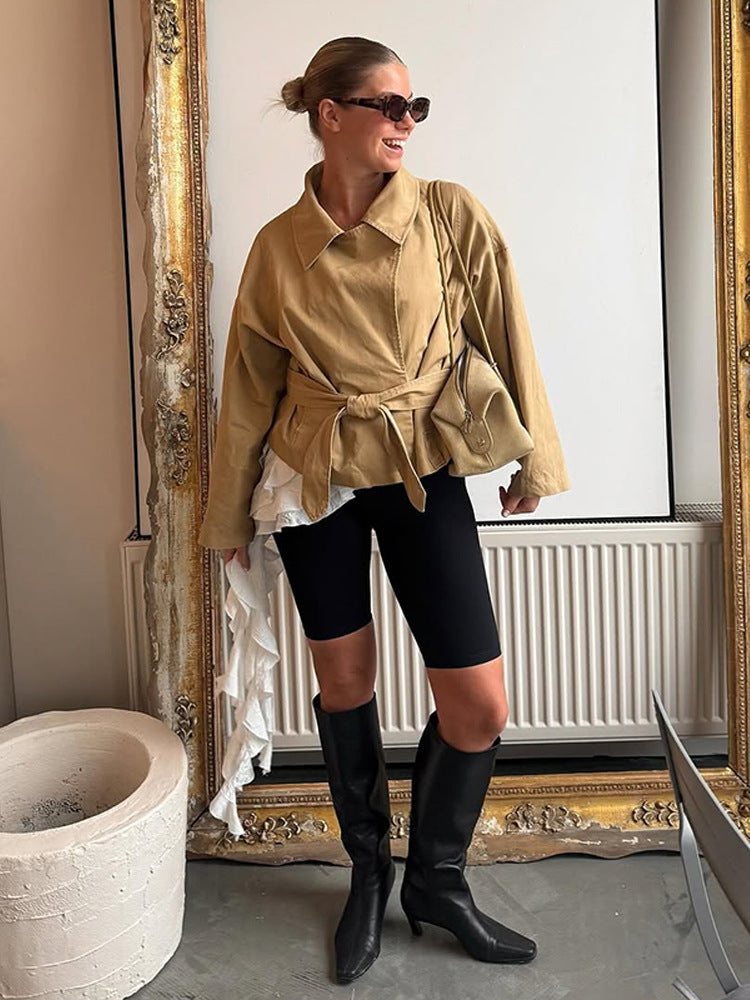 Damen Kurze Taillierte Canvas-Jacke mit Bindegürtel und überschnittenen Schultern Shop Nory