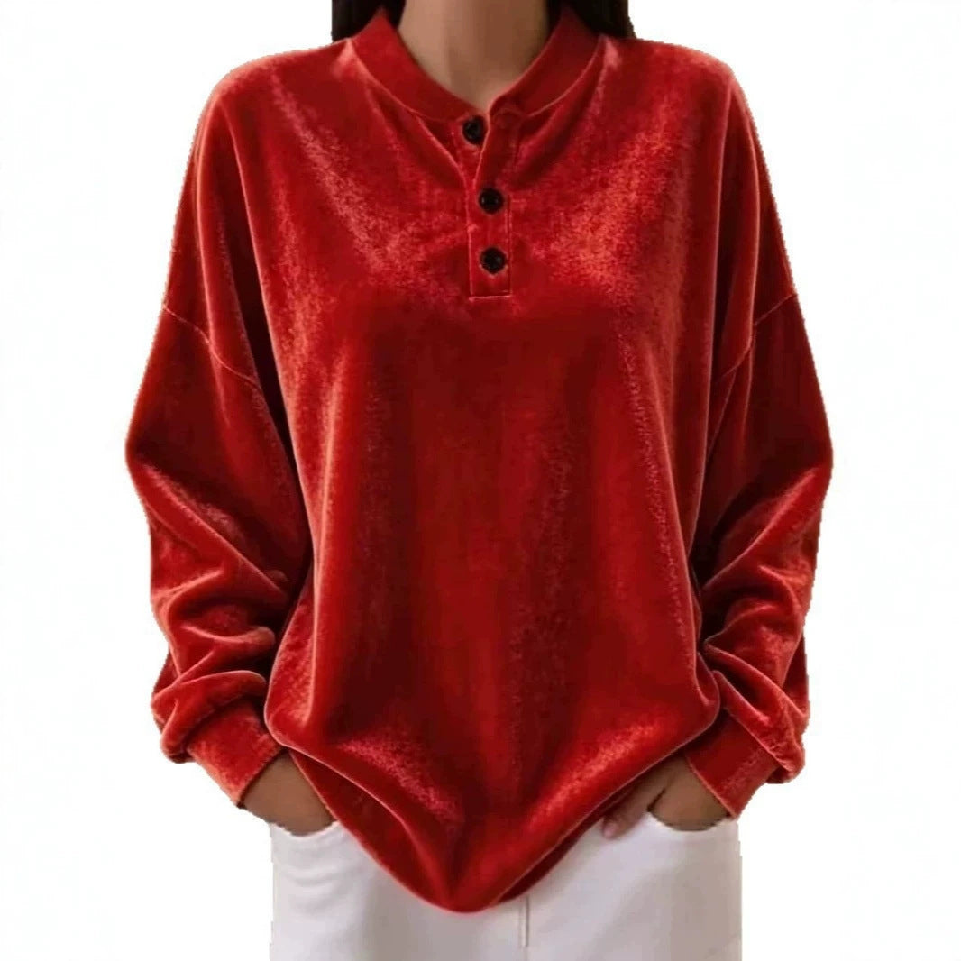 Damen Lässiges Oversize Samt-Henleyshirt mit Knopfleiste Shop Nory