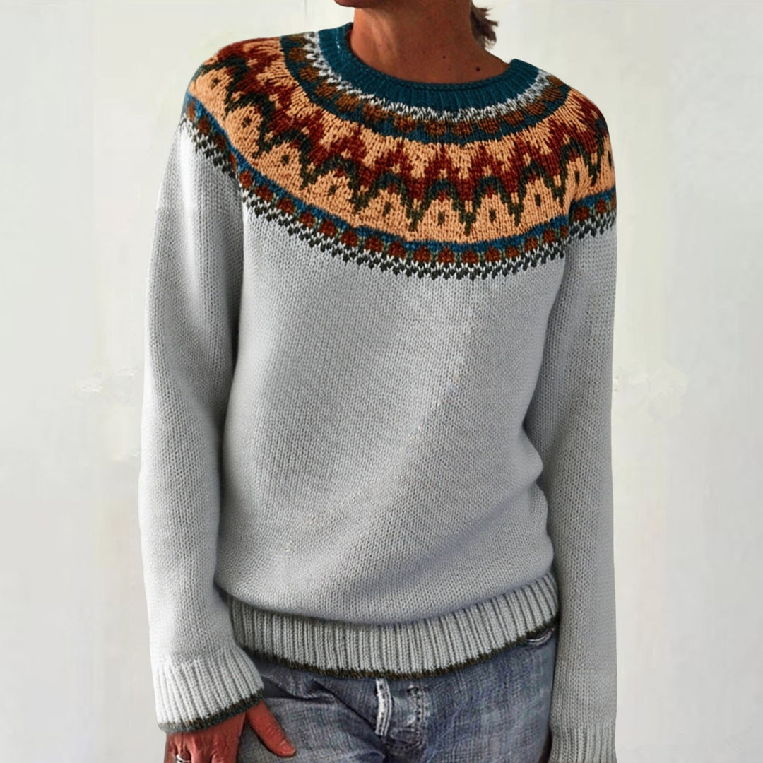 Damen nan melierter Rundhalsausschnittpullover mit kreisförmigem Jacquard-Yoke und geripptem Saum Shop Nory