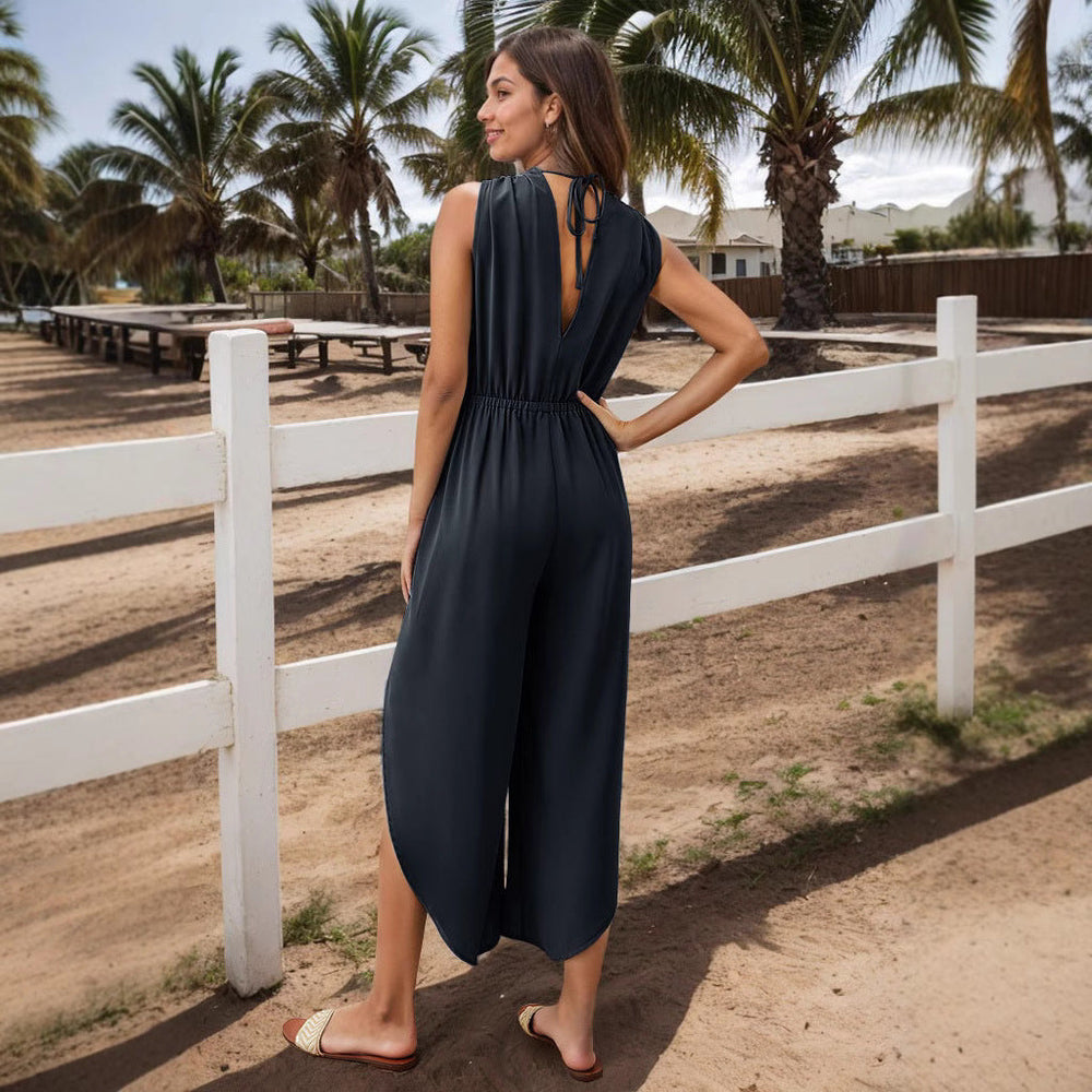 Damen Modischer Jumpsuit mit elegantem V-Ausschnitt und weitem Bein