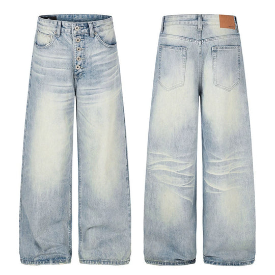 Damen High‑Waist weite Denim‑Palazzo‑Jeans mit Knopfleiste und Used‑Waschung Shop Nory