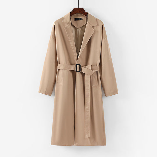 Damen Longline Trenchcoat mit Taillengürtel und fallendem Revers Shop Nory