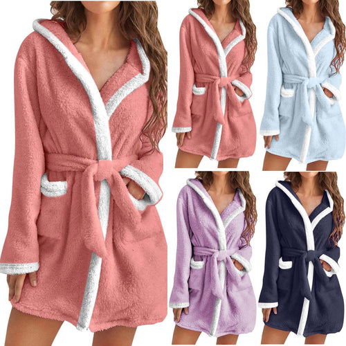 Damen kuscheliger Fleece-Bademantel mit Kapuze und Taschen
