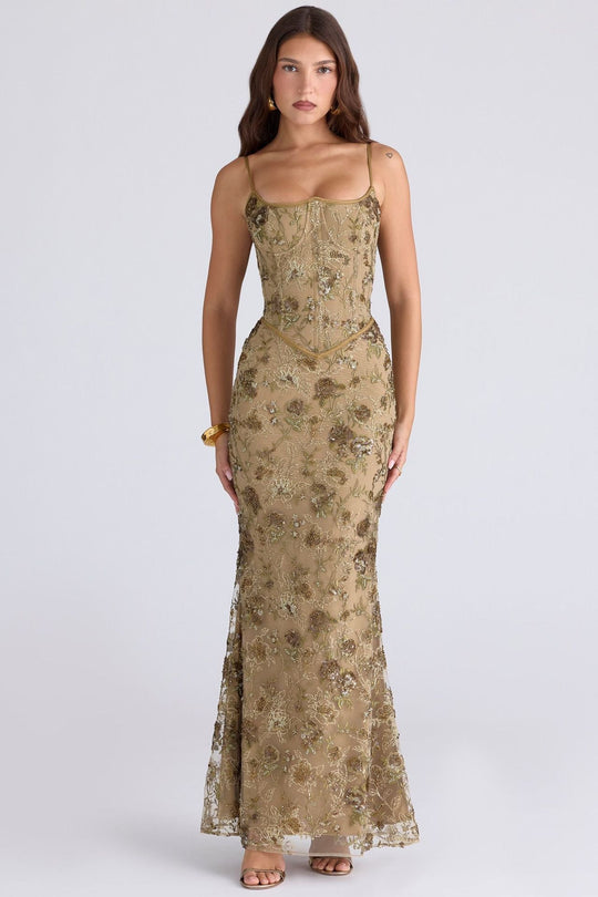Damen nan elegantes besticktes Abendkleid mit Korsettoberteil und transparentem Spitzenüberzug