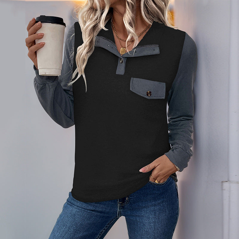 Damen Two‑Tone Langarmshirt mit Kontrastärmeln, Henley‑Knopfleiste und Brusttasche Shop Nory