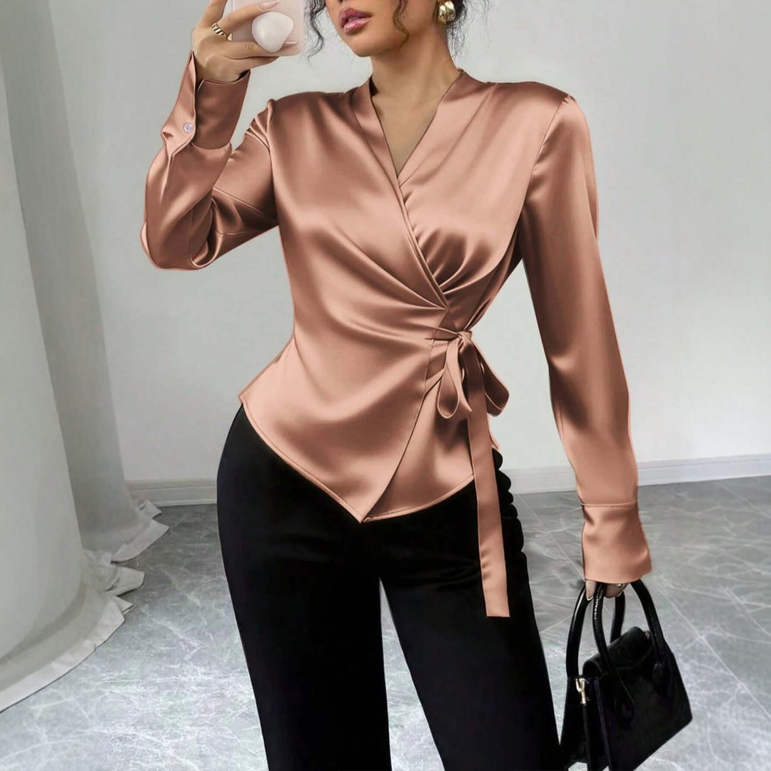 Damen Satin-Wickelbluse mit V-Ausschnitt, Taillengürtel und schmalem Manschettenärmel Shop Nory