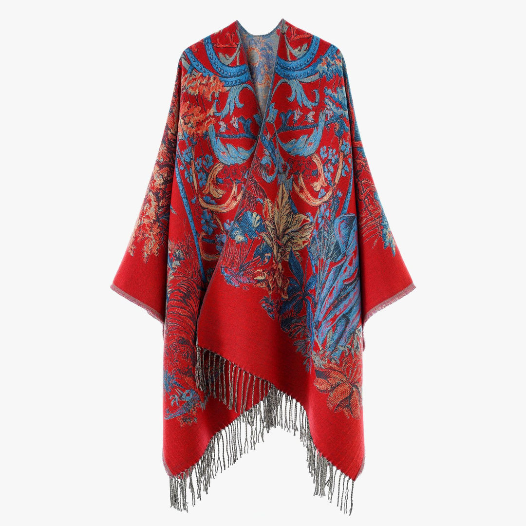 Damen Ornamentaler Jacquard‑Überwurf im Cape‑Stil mit Fransensaum Shop Nory