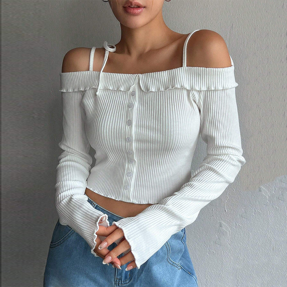 Damen geripptes schulterfreies Langarm-Cropped-Top mit Knopfleiste und Rüschensaum Shop Nory