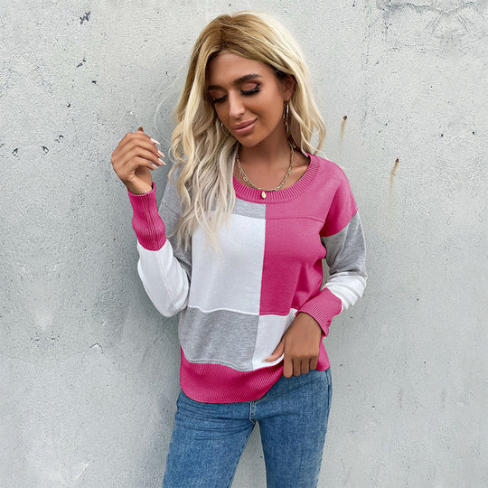 Damen Patchwork-Strickpullover mit kontrastierenden Feldern, Rundhalsausschnitt und gerippten Abschlüssen Shop Nory