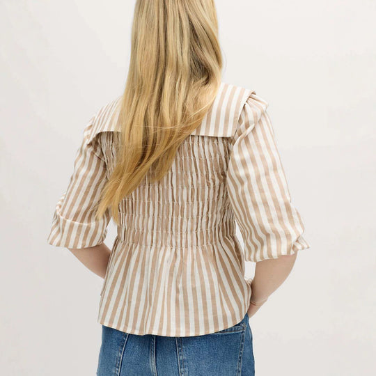 Damen Gestreifte Bluse mit Smok-Büste, großem Reverskragen und Puffärmeln Shop Nory
