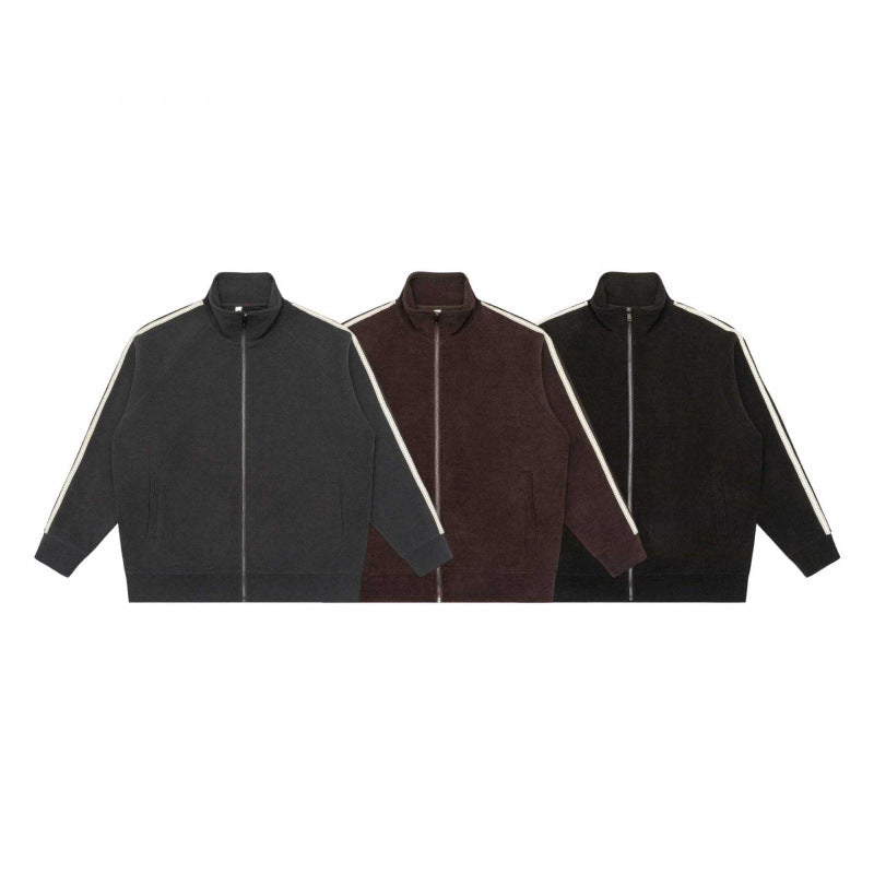 Unisex Oversize-Teddyfleece-Zippjacke mit Stehkragen und Kontraststreifen Shop Nory