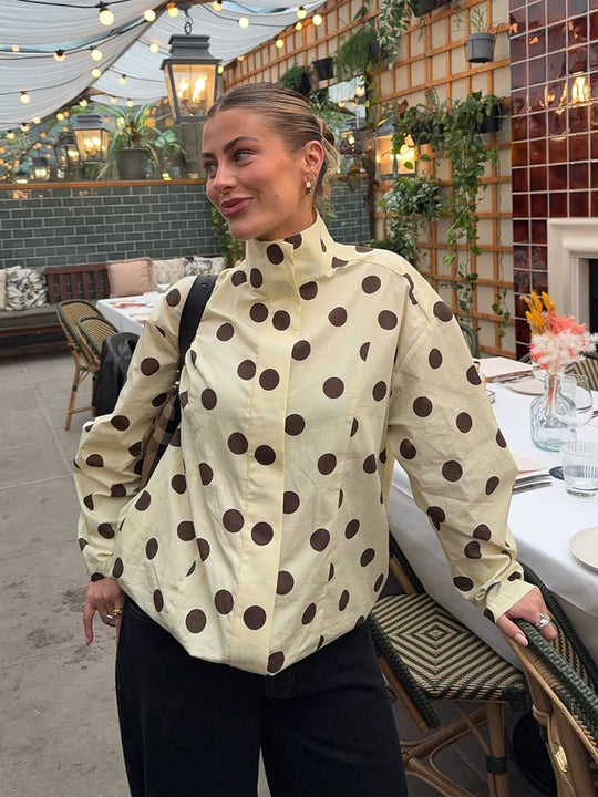 Damen Boxy Hemdjacke mit Stehkragen, Ballonärmeln und großem Polka‑Dot‑Print Shop Nory
