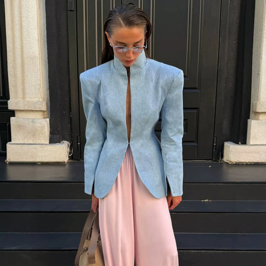 Damen taillierter Stehkragen-Blazer mit verdecktem Hakenverschluss und geschwungenem Saum Shop Nory