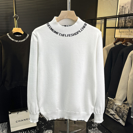 Unisex Feinstrickpullover mit kurzem Stehkragen und kontrastierendem Schriftkragen Shop Nory