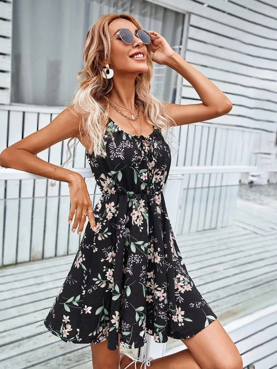 Damen Florales Sommerkleid mit Spaghettiträgern und tailliertem A-Linien-Schnitt Shop Nory