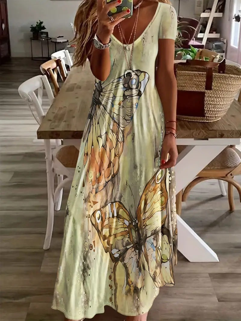 Damen Maxikleid mit buntem Schmetterlingsdruck Shopnory