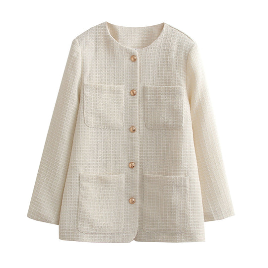 Damen Bouclé-Tweed Blazerjacke mit Rundhals und aufgesetzten Taschen Shop Nory