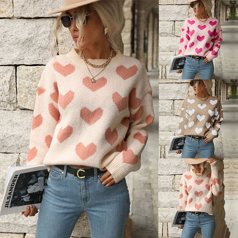 Damen Oversize-Pullover mit Herzjacquard und Rundhalsausschnitt Shop Nory