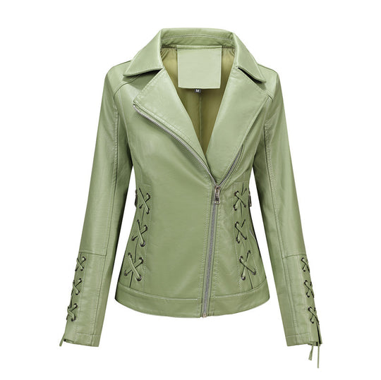 Damen Lederimitat-Bikerjacke mit seitlichen Schnürungen und asymmetrischem Reißverschluss Shop Nory