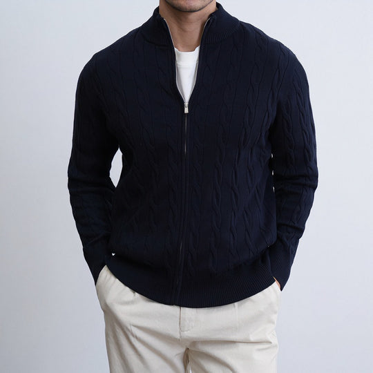 Herren Feiner Zopfmuster-Halbzip-Cardigan mit Rippkragen und silbernem Reißverschluss Shop Nory