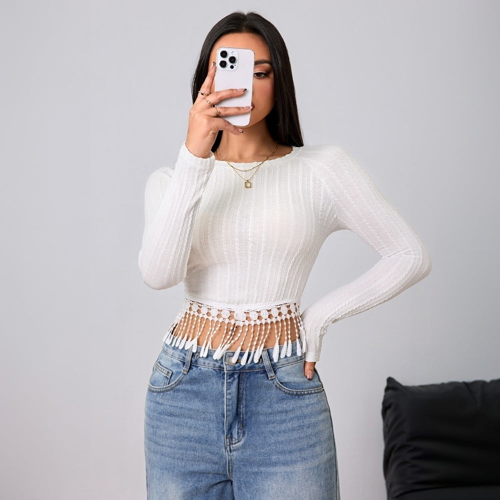 Damen gehäkeltes Crop-Longsleeve mit Fransen-Bordüre und Rippstruktur Shop Nory