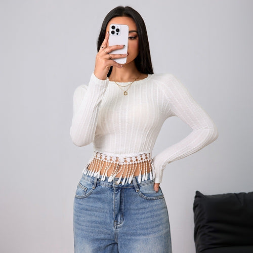 Damen gehäkeltes Crop-Longsleeve mit Fransen-Bordüre und Rippstruktur Shop Nory