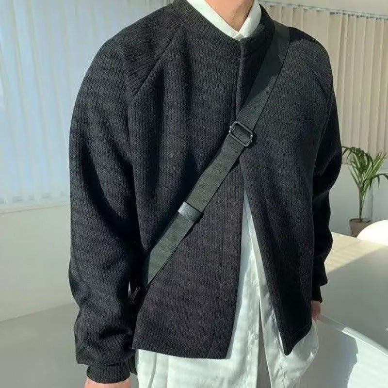 Herren Kragenloser Boxy-Rippenstrick-Cardigan mit verdeckter Druckknopfleiste Shop Nory