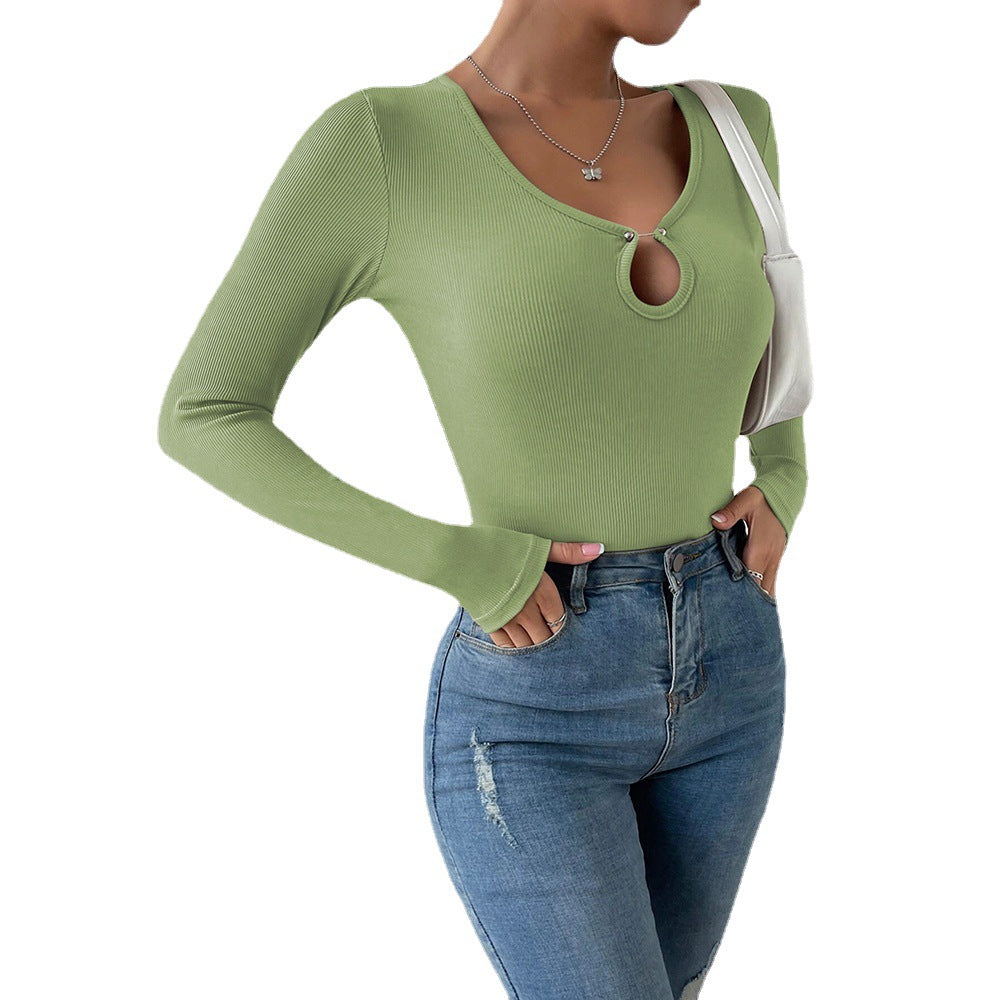 Damen geripptes Langarm-Top mit Keyhole-Detail, zierlichen Zierknöpfen und sculptender Stretch-Passform Shop Nory