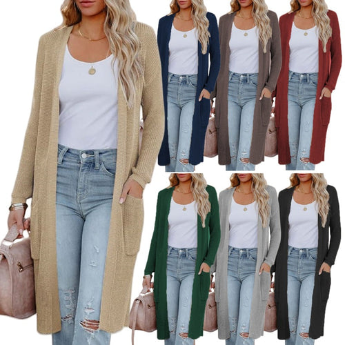 Damen Langer Strickcardigan mit elegantem offenes Design und praktischen Taschen