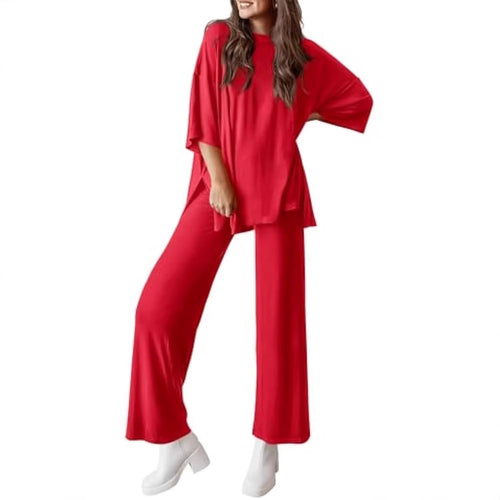 Damen Lässiges Lounge-Set aus weichem Jersey mit Oversize-Tunika und weiter Palazzo-Hose Shop Nory