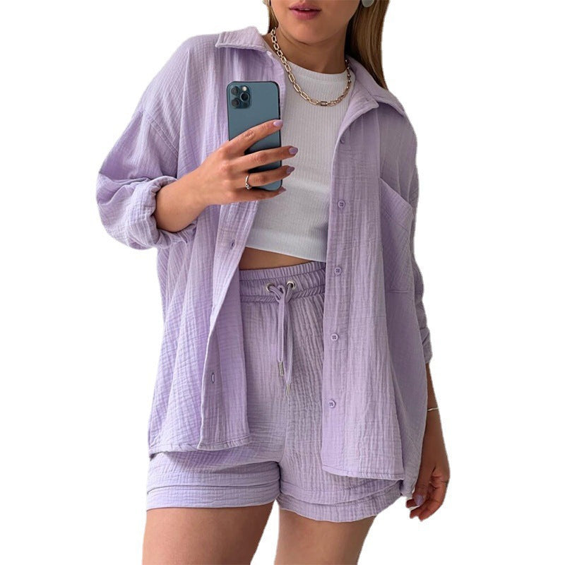 Damen nan lässiges oversized Hemd und Shorts Set mit Brusttasche Kordelbund und gerauter Baumwollstruktur Shop Nory