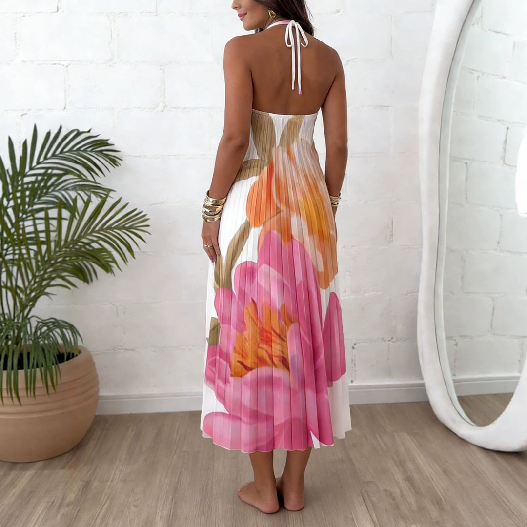 Damen Plissiertes Neckholder-Midikleid mit großem Blumenprint und Zierring Shop Nory