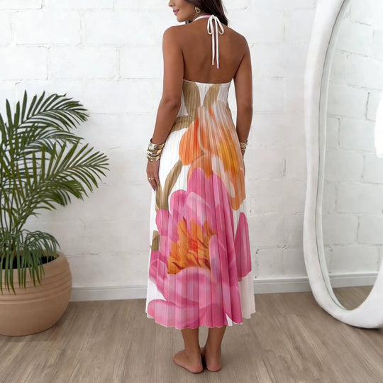 Damen Plissiertes Neckholder-Midikleid mit großem Blumenprint und Zierring Shop Nory