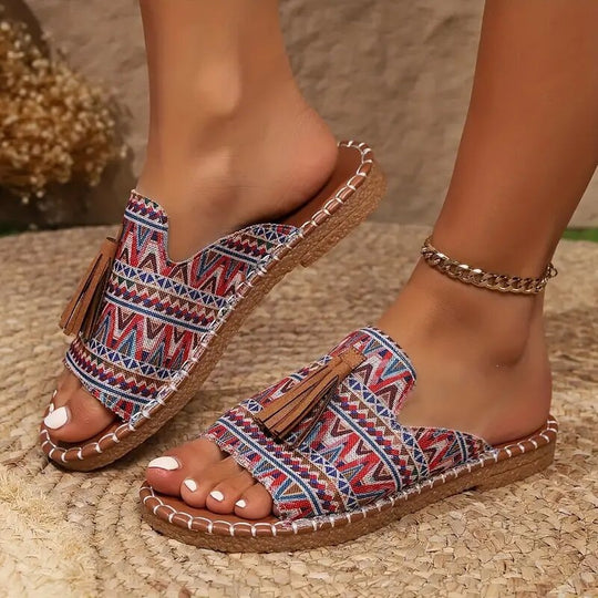 Damen Boho-Ethno-Quasten-Pantoletten mit geflochtener Sohle und gepolstertem Fußbett Shop Nory