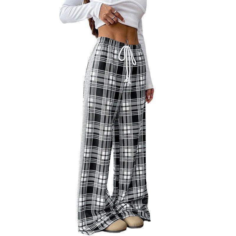 Damen Weite Lounge‑Hose im Karomuster mit elastischem Bund und Kontrast‑Seitpanel Shop Nory