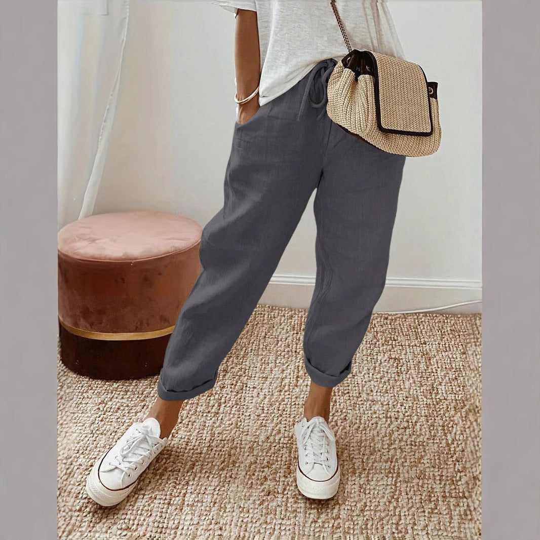 Damen Lässige Leinen-Hose mit elastischem Bund und praktischen Taschen