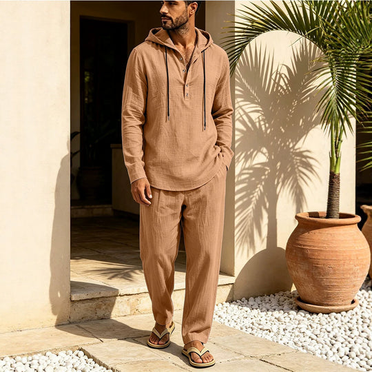 Herren Lässiges Leinen-Look Freizeit-Set mit Kapuzenhemd und weiten Hosen Shop Nory