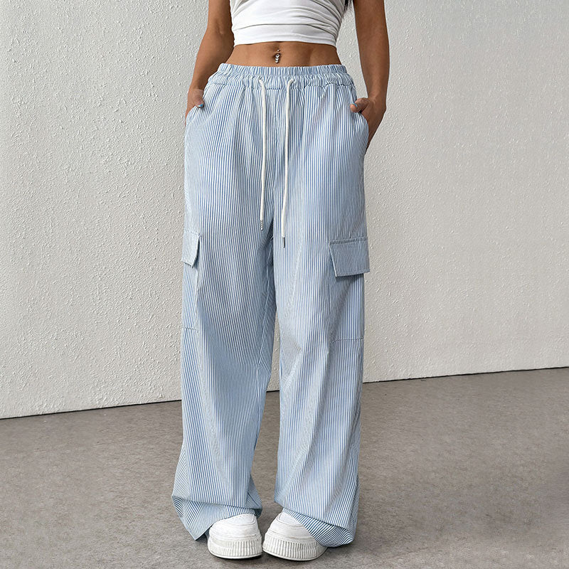 Damen Gestreifte weite Cargo-Hose mit hohem Gummibund und Tunnelzug Shop Nory
