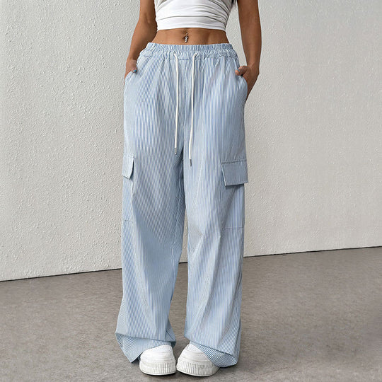 Damen Gestreifte weite Cargo-Hose mit hohem Gummibund und Tunnelzug Shop Nory