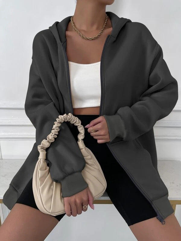 Damen nan oversized Zip-Hoodie mit verlängertem Rückensaum, verdecktem Reißverschluss und Kängurutaschen Shop Nory