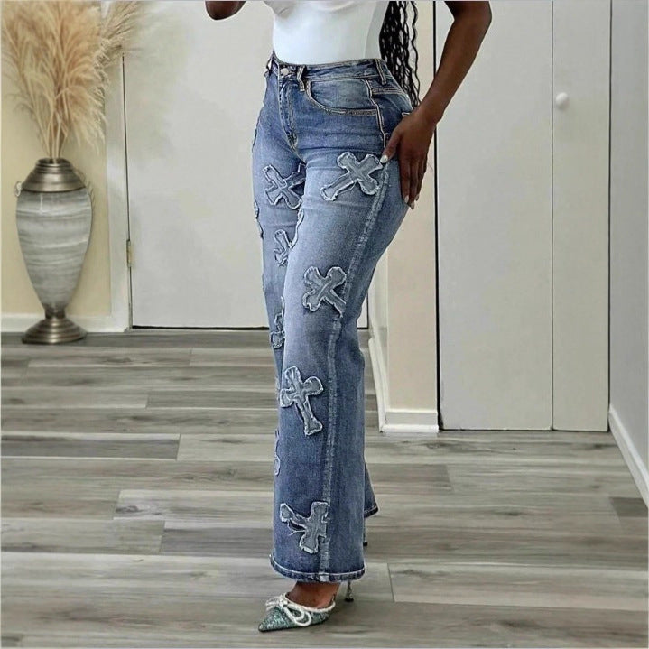 Damen Hochtaillierte Straight‑Leg‑Jeans mit Fransen‑Kreuz‑Applikationen Shop Nory