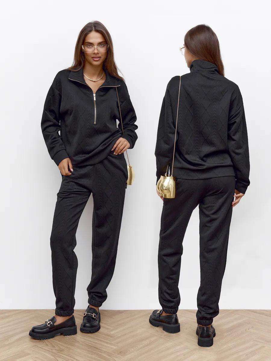 Damen Zopfstrick-Lounge-Set mit halbem Reißverschluss und hochtaillierter Jogginghose Shop Nory